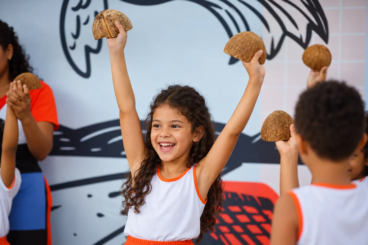 Alunos do Colégio Interativo celebrando o folclore com cocos nas mãos